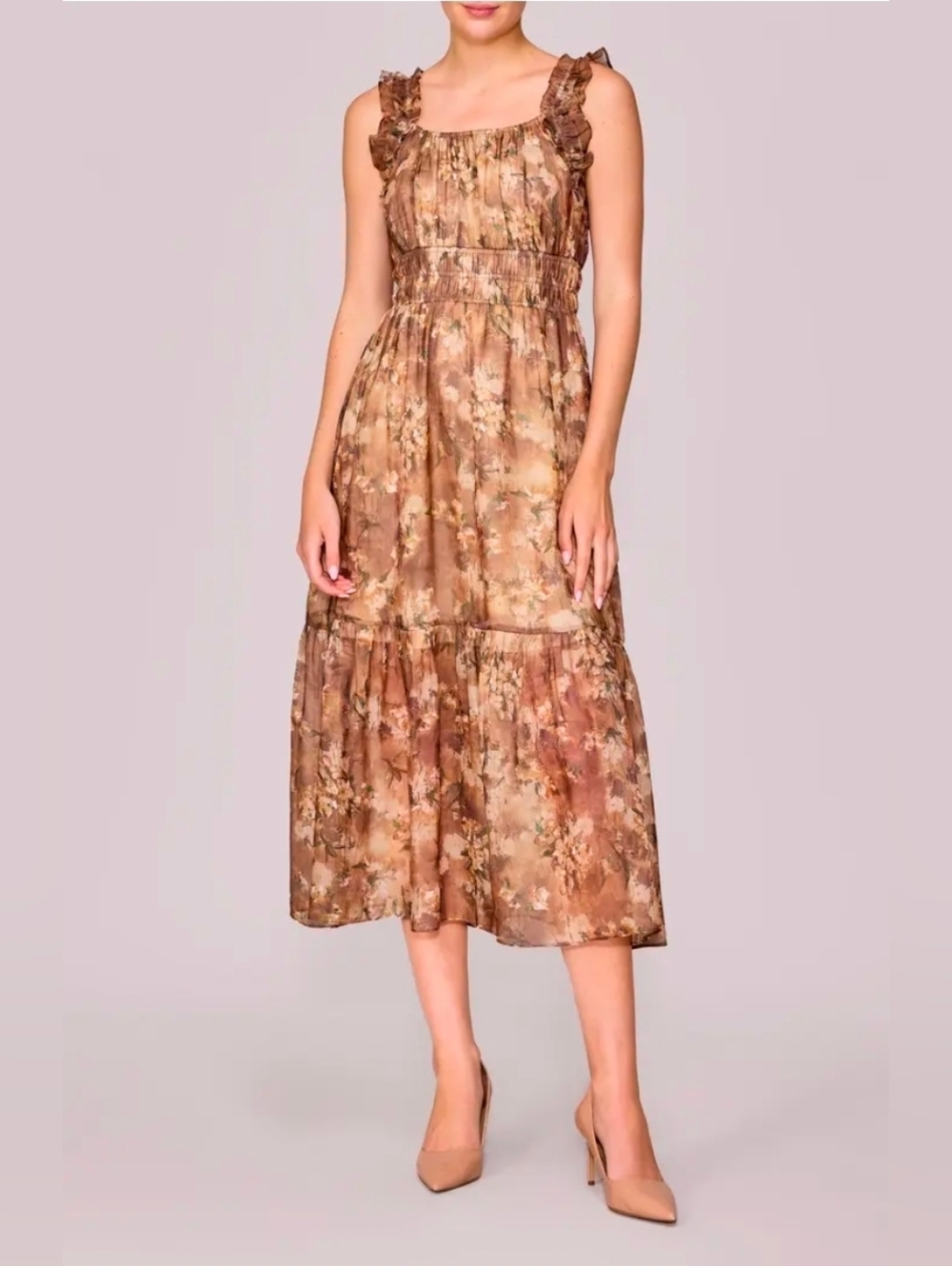 Mellóday | Gold Floral Ruffle Tiered Midi Dress Size Large